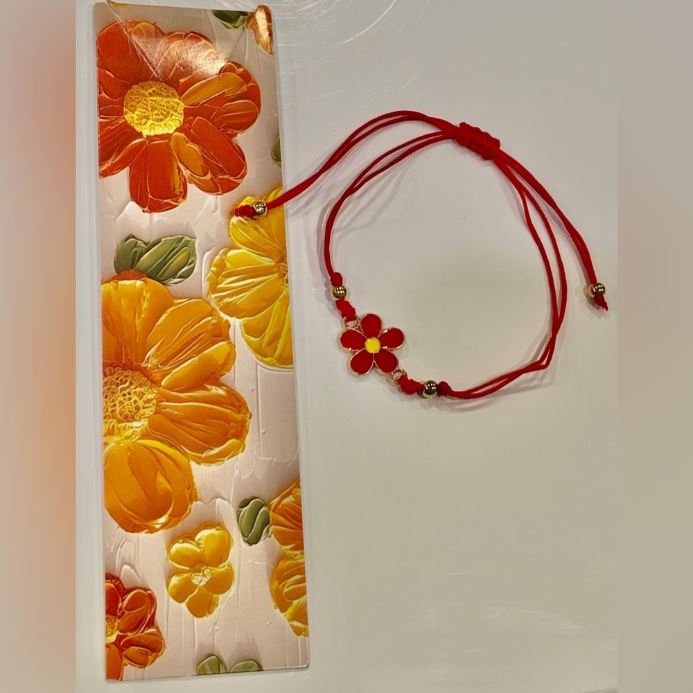 Dual Purposed Red Cord Bracelet with Red Daisy Charm and Matching Bookmark